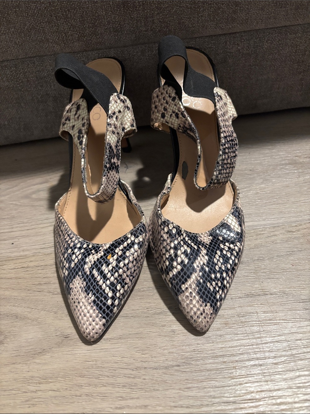 Franco Sarto Snake-Print Pointed Slingback Heels in Black and Cream